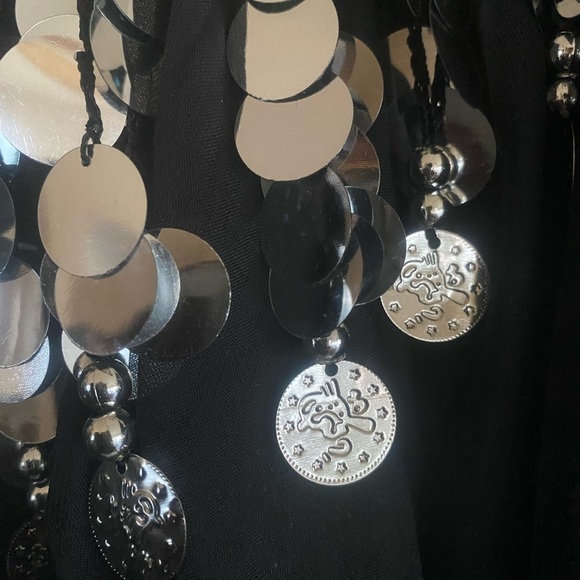 Assymetric Full Flounce Plisse Dance Midi Skirt Chiffon Faux Coins Gothic (M) - Picture 6 of 10